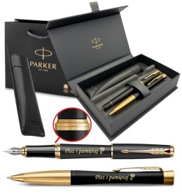 ZESTAW PARKER URBAN GT DŁUGOPIS PIÓRO CZARNY ZŁOCONE Z GRAWEREM I ETUI