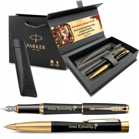 DŁUGOPIS PIÓRO CZARNE ZŁOCONE PARKER URBAN W PUDEŁKU PREMIUM Z ETUI Z GRAWEREM I TABLICZKA na ŚWIĘTA