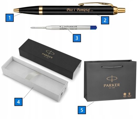 DŁUGOPIS PARKER IM CZARNY ZE ZŁOTEM Z GRAWEREM I TOREBKĄ PREZENTOWĄ