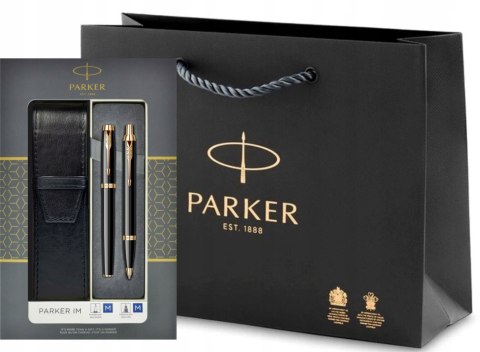 PARKER DŁUGOPIS I PIÓRO IM GT ZŁOCONE z GRAWEREM W PUDEŁKU I ETUI CZARNE