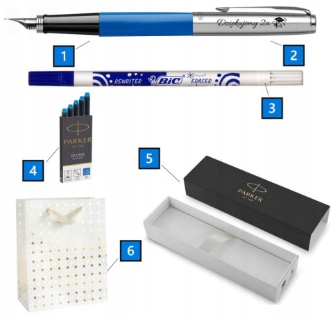 PARKER JOTTER NIEBIESKIE PIÓRO Z GRAWEREM WYMAZYWACZ I NABOJE Z TOREBKĄ