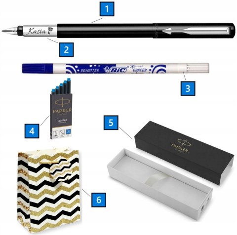 PARKER VECTOR CZARNE PIÓRO Z GRAWEREM WYMAZYWACZ BIC I NABOJE WRAZ TOREBKĄ