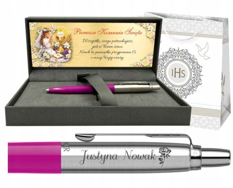 Długopis Parker Jotter Magenta z Grawerem w pudełku prestige z tabliczką na Pierwszą Komunię Prezent Komunia