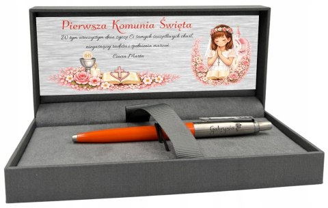 Długopis Parker Jotter Pomarańczowy z Grawerem w pudełku prestige z tabliczką na Pierwszą Komunię
