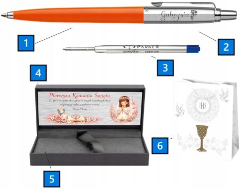 Długopis Parker Jotter Pomarańczowy z Grawerem w pudełku prestige z tabliczką na Pierwszą Komunię