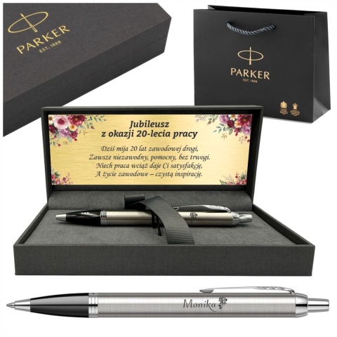 Stalowy Parker IM CT z grawerem w pudełku Prestige z tabliczką jubileuszową i torebką Parker