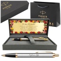 Parker IM stalowy GT z grawerem w pudełku Prestige z tabliczką urodzinową i torebką Parker