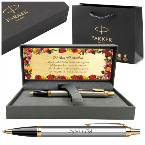 Parker IM stalowy GT z grawerem w pudełku Prestige z tabliczką urodzinową i torebką Parker