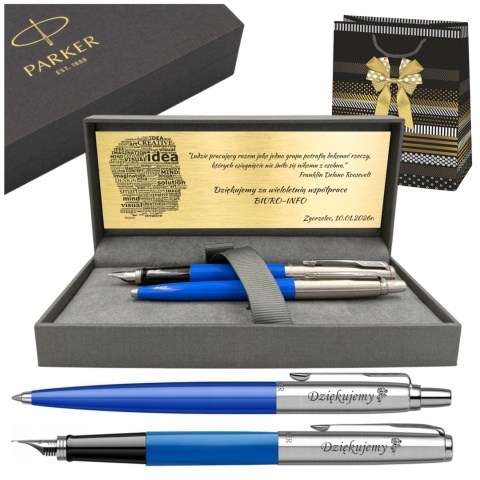 Niebieskie pióro i długopis Parker Jotter Originals z grawerem, tabliczką, pudełkiem i ozdobną torebką