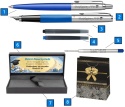 Zawartość zestawu Parker Jotter Originals: niebieskie pióro i długopis, dwa naboje, wkład QuinkFlow, tabliczka, pudełko i torebka