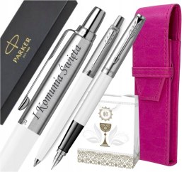 PARKER ZESTAW PIÓRO I DŁUGOPIS JOTTER BIAŁY Z GRAWEREM Z ETUI NA KOMUNIĘ