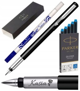 PARKER VECTOR CZARNE PIÓRO Z GRAWEREM WYMAZYWACZ BIC I NABOJE WRAZ TOREBKĄ
